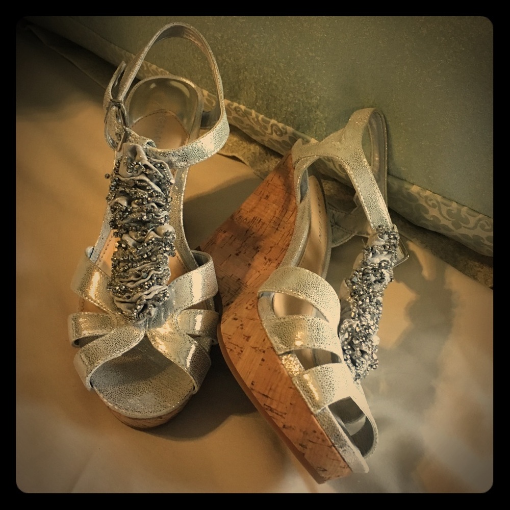 Gianna Bini silver beaded sandals (cork wedge).